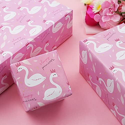 Papel de embrulho de design de cisne apol, papel de embrulho de presente de aniversário rosa para menina mulher, 4 lençóis dobrados Papel de embrulho de casamento de chuveiro para o Natal para chá de bebê