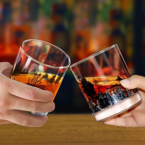Toowell Bourbon Glasses Whisky Glass Conjunto de 4, cenário florestal paisagem artesanal pesada base scotchs sem chumbo rochas de rochas 10 oz, óculos de cristal de aniversário com caixa de presente, presentes do dia dos pais