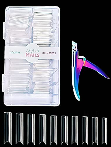 Aqua Nails Jumbo pack 400 pcs extra longa C Curve Dicas de unhas Meia tampa longa dicas de unhas quadradas retas com caixa W CORTE DE PERNOS ACRYLIC DIPAS DE PINDENTES NATURAS Dicas de unhas claras Dicas de unhas falsas Dicas de unhas artificiais Dicas de unhas falsas Extensões de unhas com estojo