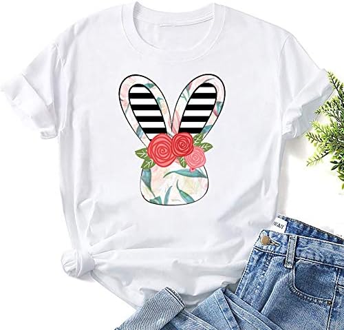 Camiseta de páscoa para mulheres coelho fofo estampado de manga curta camiseta tampes camisetas casuais 2023 blusas de verão