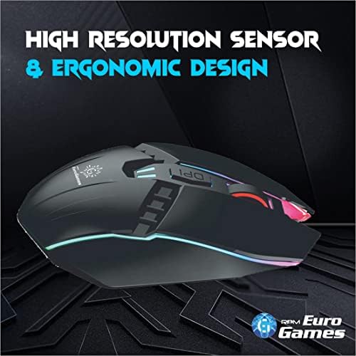 RPM GAMES EURO Mouse de jogos premium, 7 cores RGB Lights, 6 botões, botões DPI de 2400-4 de nível, revestidos com