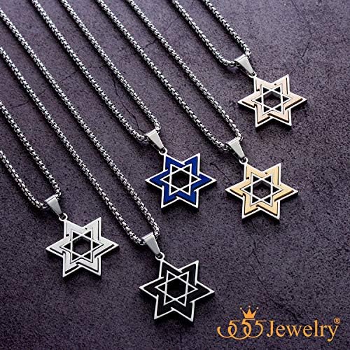 555 Jewelry Star of David Colar para homens, 2 tons Estrela judeu de aço inoxidável - Colar com corrente de caixa de 16-24 polegadas