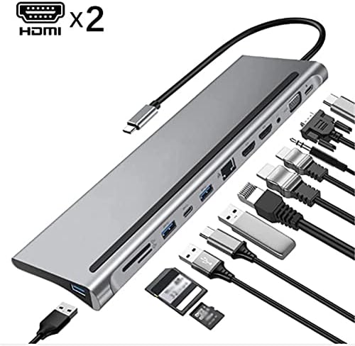 Slsfjlkj 12 em 1 USB C Laptop Docking Station Type-C para HDMI duplo Compatível/VGA/USB 3.0 Hub/PD/RJ/Micro-SD/TF Adaptador de dock