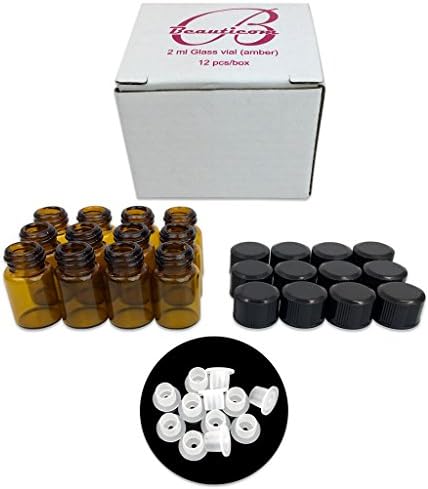 Beauticom 2ml Amber Glass Vial 144 peças - Para óleos essenciais, aromaterapia, fragrância, soros, Spritzes, com redutor