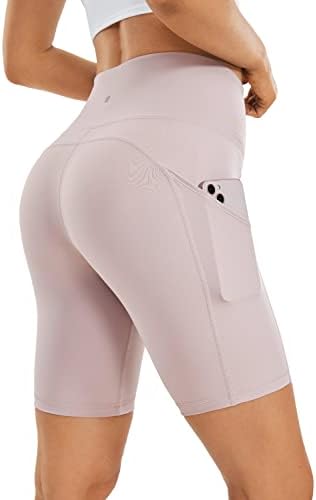 Crz Yoga feminina nua sentindo shorts de motoqueiro leve com bolsos 8 polegadas - treino de cintura alta shorts de ioga em execução