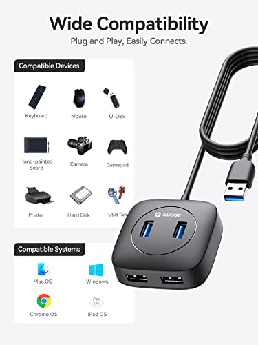 USB HUB 3.0, Splitter USB de 4 portas para laptop [cabo de 4 pés], Expander Multi Port USB-A com micro potência [Data Fast Tranfer]