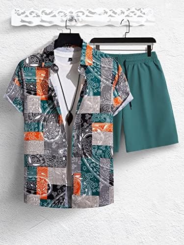 Roupas de duas peças de fioxa para homens camisa de impressão de retalhos aleatórios e shorts de cintura de cordão sem tee