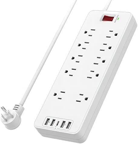 Surge Protector Power Strip, 6 pés de extensão de plugue plana, 10 pontos de venda com 4 portas USB 1 USB -C, montagem de parede