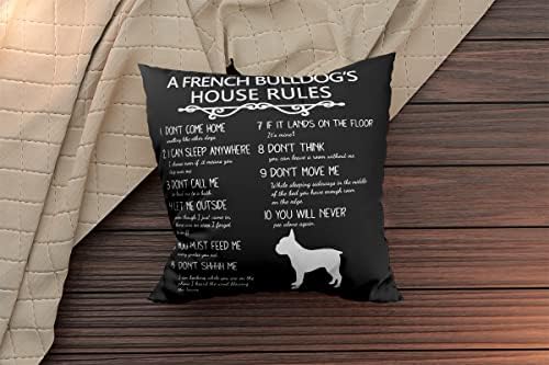 As regras da casa de um bulldog francês lançam cobertura de almofada de almofada, travesseiro de bulldog francês, travesseiro decorativo 18 x 18 para cama de sofá, amante de cães French Bulldog Dog Mom Gifts Gifts Presentes