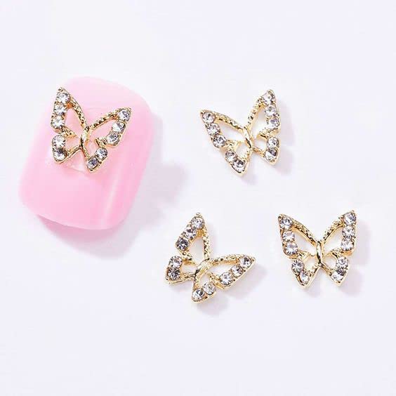 Butterfly unhas encantos para acrílico unhas douradas butterfly unhas jóias jóias gemas de borboletas metálicas 3d strôs de unhas
