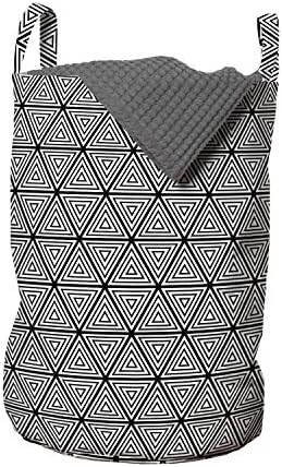 Bolsa de lavanderia abstrata de Ambesonne, triângulos geométricos de triangulos internos de expressionismo ocidental minimalista Boho Display, cesta de cesto com alças fechamento de cordão para lavanderias, 13 x 19, branco preto branco