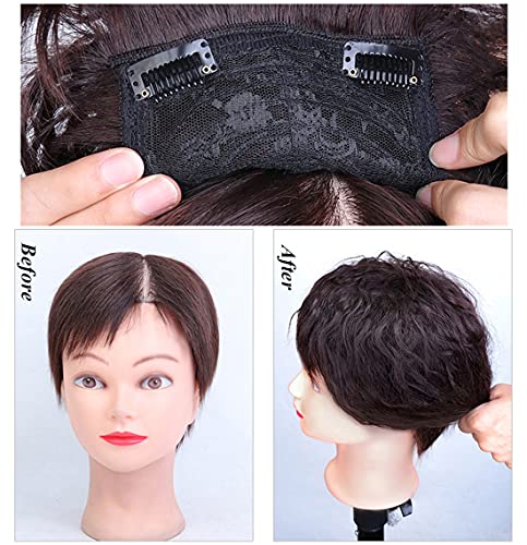 Capinhos de cabelo humano encaracolados com clipe de franja encaracolada em penteado de penteado de cabelos de base de seda para mulheres, 6 polegadas, marrom escuro