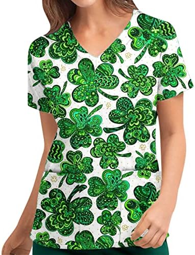 Scrub_tops Mulheres que trabalham uniforme de uniforme T-shirt Trendy St. Patrick's Imprimir Manga curta V Túnica