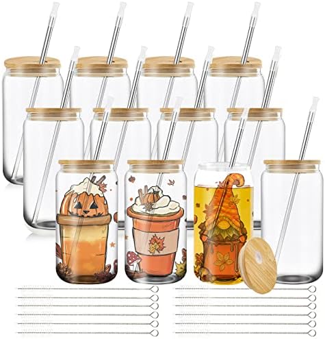 Windmage 12 pacotes 16 oz latas de vidro de sublimação transparentes em branco com tampa de bambu, palha inoxidável, pincel, ponta de silicone, reutilizável bebendo latas de cerveja geladas copos de capa de jarra copos de copos de jarro