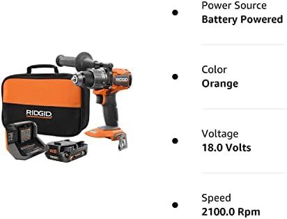 Ridgid 18V sem escova de 1/2 pol. Kit de perfuração/driver com bateria de saída máxima de 2.0 Ah e carregador de 18V