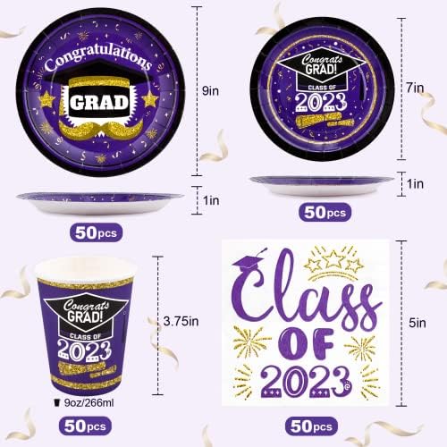 Placas de papel de graduação e guardanapos de 200pcs 2023 servem 50, Purple and Black Parabéns Parabéns Supples de Festas