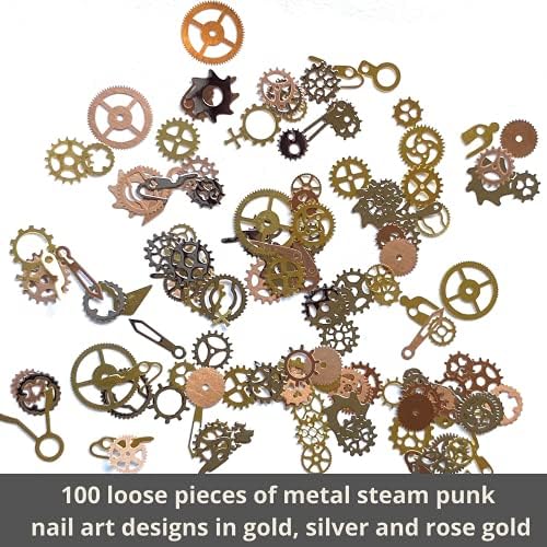 Steam punk encapsulado engrenagem de engrenagem de unhas de engrenagem de unhas, 100 peças, steampunk 3d metal decalque de ouro rosa e prata ou pontas, acrílico, géis e decorações