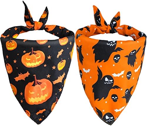 Bandanas de cães de Halloween virtec, pet holida holida pumpkin bat fantasma com tema de padrões 2 pacote 2, lenço duplo lenço triangle bibcherchief conjunto para cães e gatos fantasia