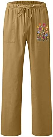 Calça de linho feminino kcjgikpok, calça de calça de linho de cordas largas de pernas largas sólidas com calças de trabalho com bolsos