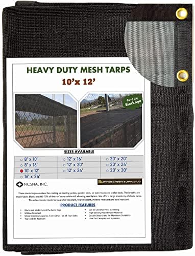 Windscreensupplyco 60-70% 10 pés x 12 pés Mesh Tarp/Sombra pano de 9 agulha de tricô preto pesado com ilhós para casa