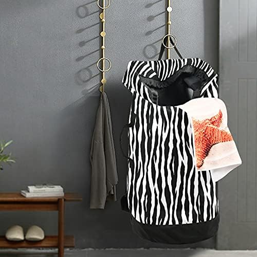 Mochila de lavanderia pesada com lenha de listras zebra com alças de ombro e alças de deslocamento de roupas de roupa com tração de