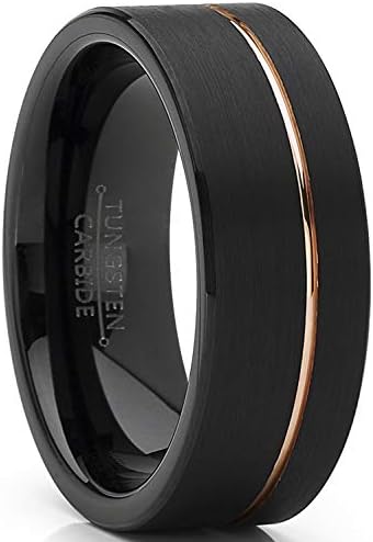 Metal Masters Co. Men's Black Tungstênio Ring Banding Ring With Rose Goldtone Groove 8mm