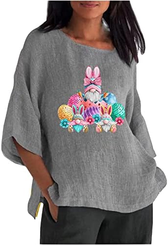 Camisa de linho de algodão da Páscoa para mulheres gnomos fofos camisetas gráficas soltas de manga curta de manga curta