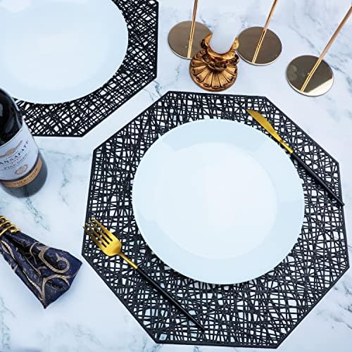 Snowkingdom Black Placemats Conjunto de 12 tapetes octogonais de mesa metálica de vinil Mesa de jantar Decoração de peça central 15