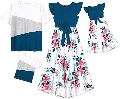 Patpat correspondente a roupas da família Mãe e filha combinando com impressão floral vestidos de punho de babados e camisetas