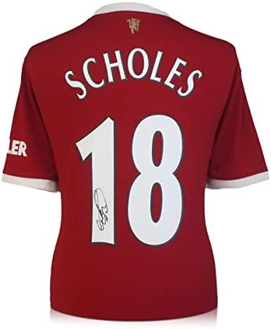 As recordações exclusivas Paul Paul Scholes assinaram a camisa de futebol do Manchester United 2021-22. Quadro superior