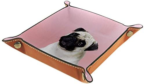 Cute Pug e Puppy Dog Rosa Office Office Microfiber Couro Bandejas de armazenamento prático para carteiras teclas e equipamentos