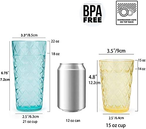KX-Ware Mixed Drinkware Conjuntos, copos de acrílico de 15 onças e 21 onças copos de plástico com design de Rhombus, conjunto