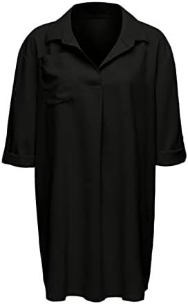 Vestido de camisa de botão feminino, pescoço vil de manga de cor solidária, vestido de t-shirt de t-shirt de túnica de túnica de túnica solta com bolsos