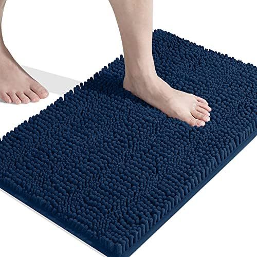 Tapete de banho para banheiro chenille tapete macio macio, água não deslizante absorvente máquina lavável listrada no chão interno tapetes de banho para tapete de entrada, 16 x 24 polegadas, azul marinho