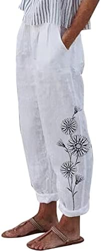 Calças de linho de algodão feminino calças cultivadas com perna larga de perna larga com bolsos calças elásticas de cintura elástica
