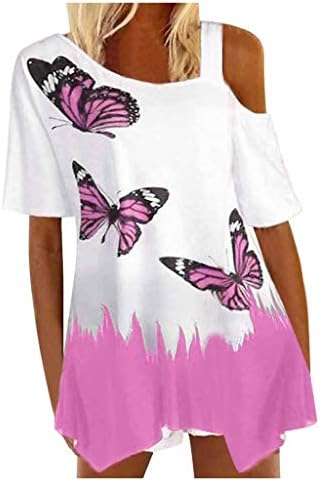Tops para mulheres mulheres assimétricas ombros frios impressão de borboleta de manga curta Tops blush pacote de camiseta feminina