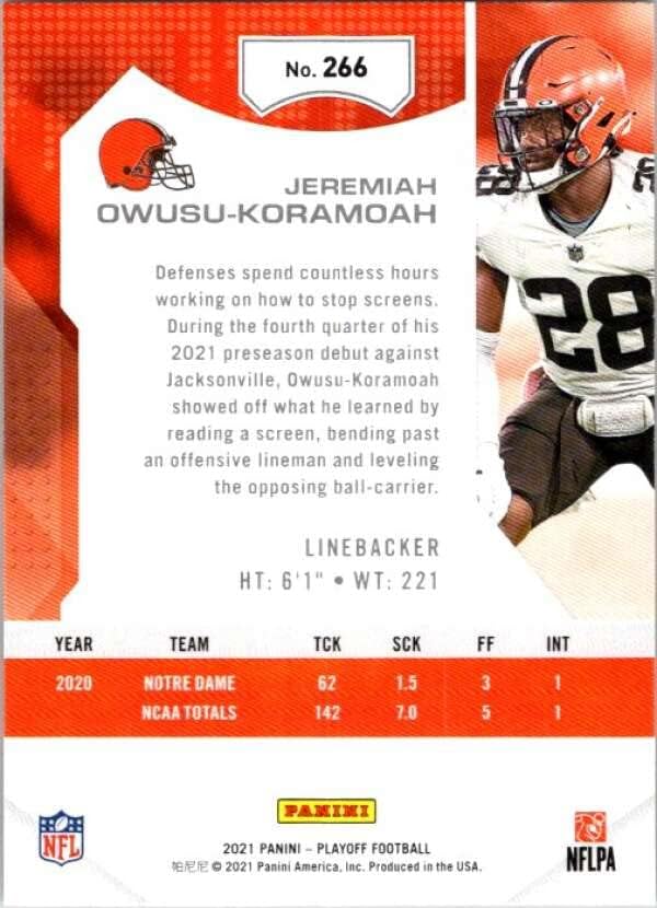 2021 Playoff 266 Jeremiah Owusu-Koramoah RC ROOKIE CLEVELAND BROWNS NFL FUTEBOL TRADING CART