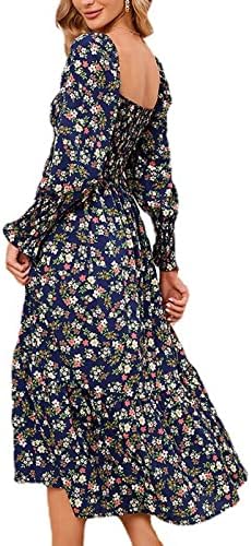 Vestido de estampa floral feminina BOHO Vestido quadrado casual Vestido de manga longa Longa vestidos de balanço fluido