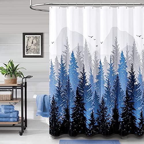 Cortina de chuveiro de tecido longa dinâmica, 72x78 polegadas Floresta da montanha enevoada Corra alta de pano de pano para decoração de banheiro, cortina de chuveiro de luxo de spa grande, com ganchos, rugas grátis, azul