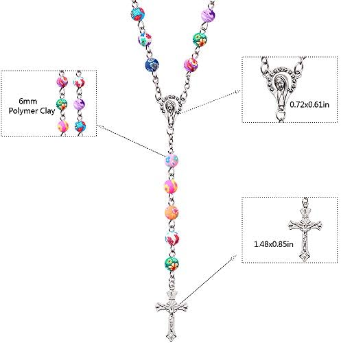 YWLI 7 PCS Rosário Beds Católico para Mulher - Presentes de Confirmação para Adolescente, Rosário de 7 dias, vários estilos de colar de rosário, colar de rosário cruzado para mulheres