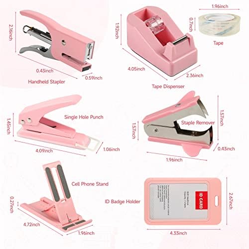 Kit de acessórios para mesa rosa, material de escritório conjunto de grampeador e removedor de grampos, suporte de distintivo de
