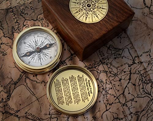 Antiquado Brass Robert Frost Poem Compass com caixa de madeira - Idéias de presentes românticos para ele/ela - 2022 Marido Presentes