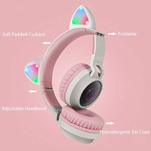 Aresrora sem fio Bluetooth Kids fones de ouvido, orelhas de gato Bluetooth sobre o volume de fones de ouvido, luzes LED, rádio