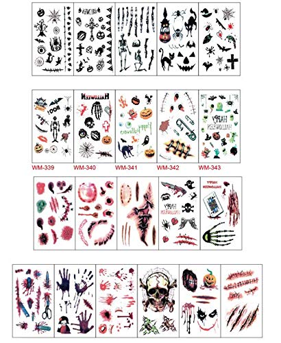 Woiwo Halloween Tattoos temporários, tatuagens realistas do corpo de sangue da ferida para crianças, à prova d'água, à prova de suor, duradouro, conjunto de 19 folhas