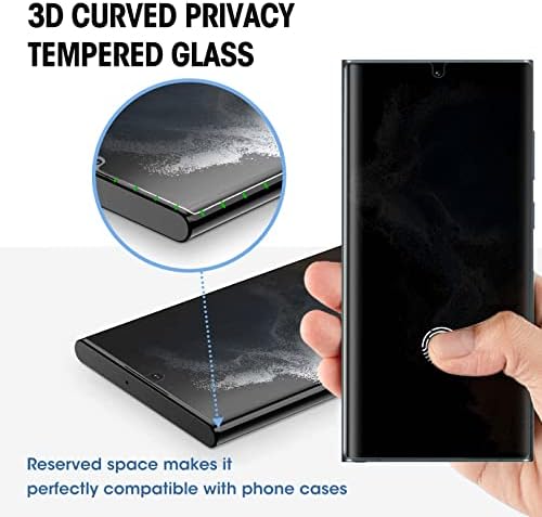 Protetor de tela de privacidade Compatível com Samsung Galaxy S22 Ultra, Protetor de vidro temperado anti-espião 9H Resistente a arranhões, Suporte de desbloqueio de impressão digital, Protetor de vidro curvo 3D de alta clareza, 2 pacote