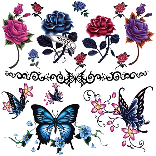 Lady Up Tattoos Tattoos Adesivos 20 folhas Flores da arte corporal, rosas, tatuagem de borboletas para mulheres, estilo misto e prova d'água multicolorida 90 × 190mm