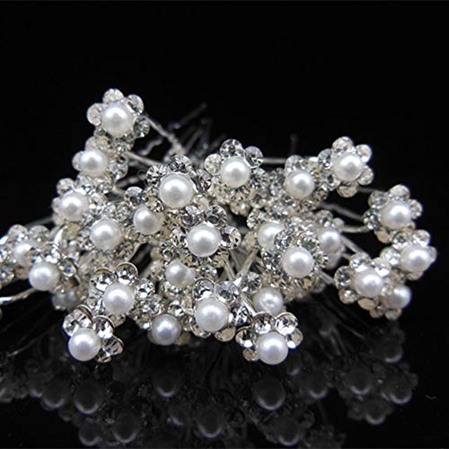 Akoak 40 PCs Bride Diamond Pearl Flower Tiara Wedding Bridesmaid Pearl Flower Hair Pin