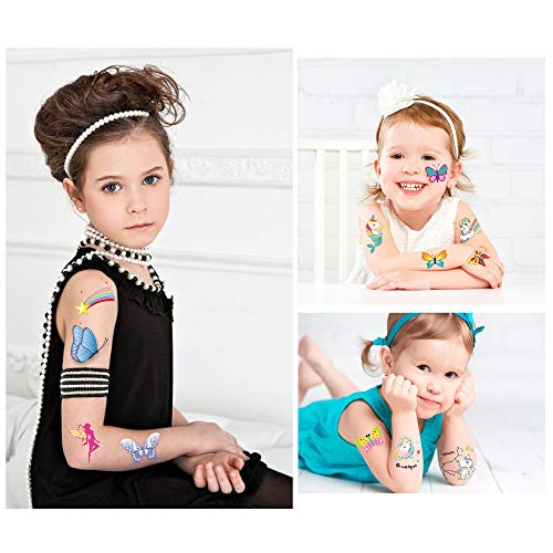 Tatuagens temporárias para crianças, Konsait Glitter Mermaid Unicorn Tatuagens de borboleta para crianças Favorias de festas de aniversário Favorias Ótimas infantis acessórios para festas Goodie Bag Stuffers Fils