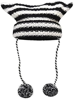 Gorro de gatos femininos com pingente de pompom, chapéus de malha listrada fofos para meninas chifre de crochê de diabo de inverno