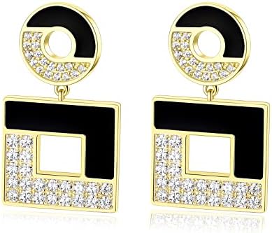 Brincos geométricos quadrados pretos Brincos para mulheres e meninas, 14k Declaração de ouro real